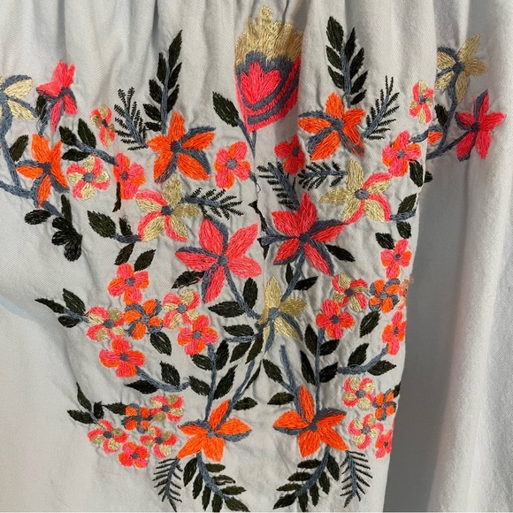 Free People Floral Embroidered off shoulder mini dress Cotton Gray pockets SZ XS - Picture 3 of 8
